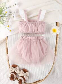 SHEIN 嬰兒荷葉邊吊帶上衣和前蝴蝶結網紗覆蓋短褲 - 藕粉色 - 查看 2