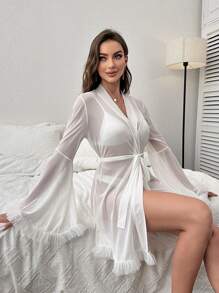 Áo choàng Nữ Thắt lưng Xù cắt màu trơn Gợi cảm - trắng - Xem 4