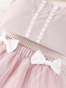 SHEIN 嬰兒荷葉邊吊帶上衣和前蝴蝶結網紗覆蓋短褲 - 藕粉色 - 查看 4
