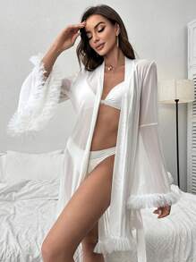 Áo choàng Nữ Thắt lưng Xù cắt màu trơn Gợi cảm - trắng - Xem 7