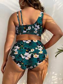 Swim Lushoire Summer Beach Plus Size Floral Print Bikini Set - Teal Blue - View 3