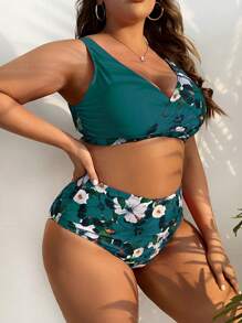Swim Lushoire Summer Beach Plus Size Floral Print Bikini Set - Teal Blue - View 4