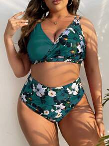 Swim Lushoire Summer Beach Plus Size Floral Print Bikini Set - Teal Blue - View 5