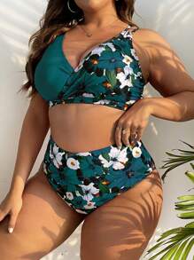 Swim Lushoire Summer Beach Plus Size Floral Print Bikini Set - Teal Blue - View 6