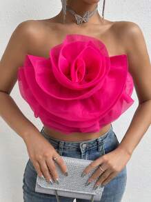 Chiquease Flower Decor Crop Tube Top - Hot Pink - View 1