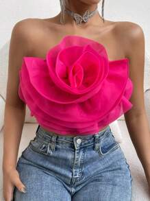 Chiquease Flower Decor Crop Tube Top - Hot Pink - View 3