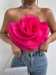 Chiquease Flower Decor Crop Tube Top - Hot Pink - View 4
