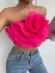 Chiquease Flower Decor Crop Tube Top - Hot Pink - View 6