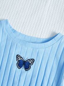 SHEIN Teen Girls Butterfly Print Twist Hem Tee & Flare Leg Trousers - Baby Blue - View 3