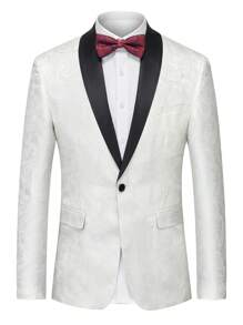 男士拼接青果領提花單釦西裝外套 - 白色 - 查看 1