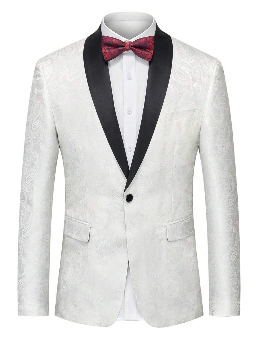 男士拼接青果領提花單釦西裝外套 - 白色 - 查看 1