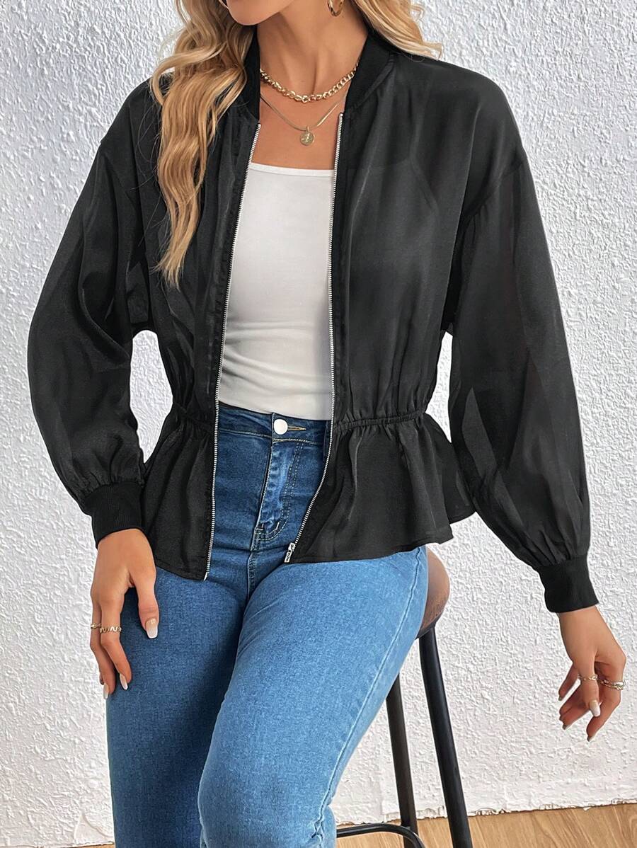 SHEIN Essnce Thả vai Dây kéo Xoay eo Đàn organza Áo khoác - màu đen - Xem 1