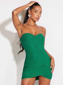 SHEIN BAE Ruched Tube Bodycon Glitter Dress - Green - View 5