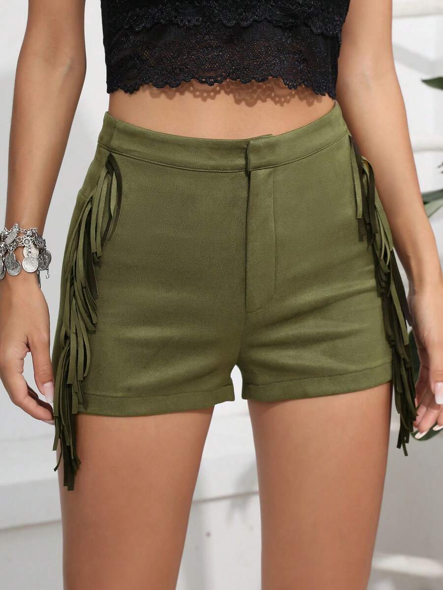 RELISH NOLESS Solid Fringe Trim Faux Suede Shorts - Mocha Brown - View 1