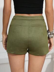 RELISH NOLESS Quần đùi nữ Dây kéo mép màu trơn Giải trí - Màu nâu  Mocha - Xem 2