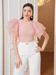 Modelyn 素色網紗蝴蝶袖T恤 - 淺粉色 - 查看 1