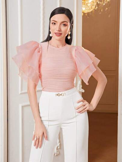 Modelyn Solid Mesh Butterfly Sleeve Tee