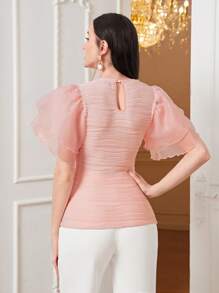 Modelyn 素色網紗蝴蝶袖T恤 - 淺粉色 - 查看 2