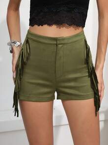 RELISH NOLESS Quần đùi nữ Dây kéo mép màu trơn Giải trí - Màu nâu  Mocha - Xem 6