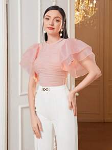 Modelyn 素色網紗蝴蝶袖T恤 - 淺粉色 - 查看 3