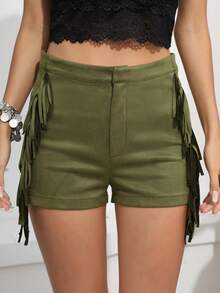 RELISH NOLESS Quần đùi nữ Dây kéo mép màu trơn Giải trí - Màu nâu  Mocha - Xem 7