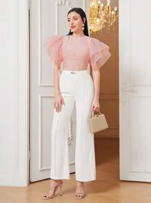 Modelyn 素色網紗蝴蝶袖T恤 - 淺粉色 - 查看 4