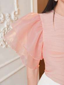 Modelyn 素色網紗蝴蝶袖T恤 - 淺粉色 - 查看 6