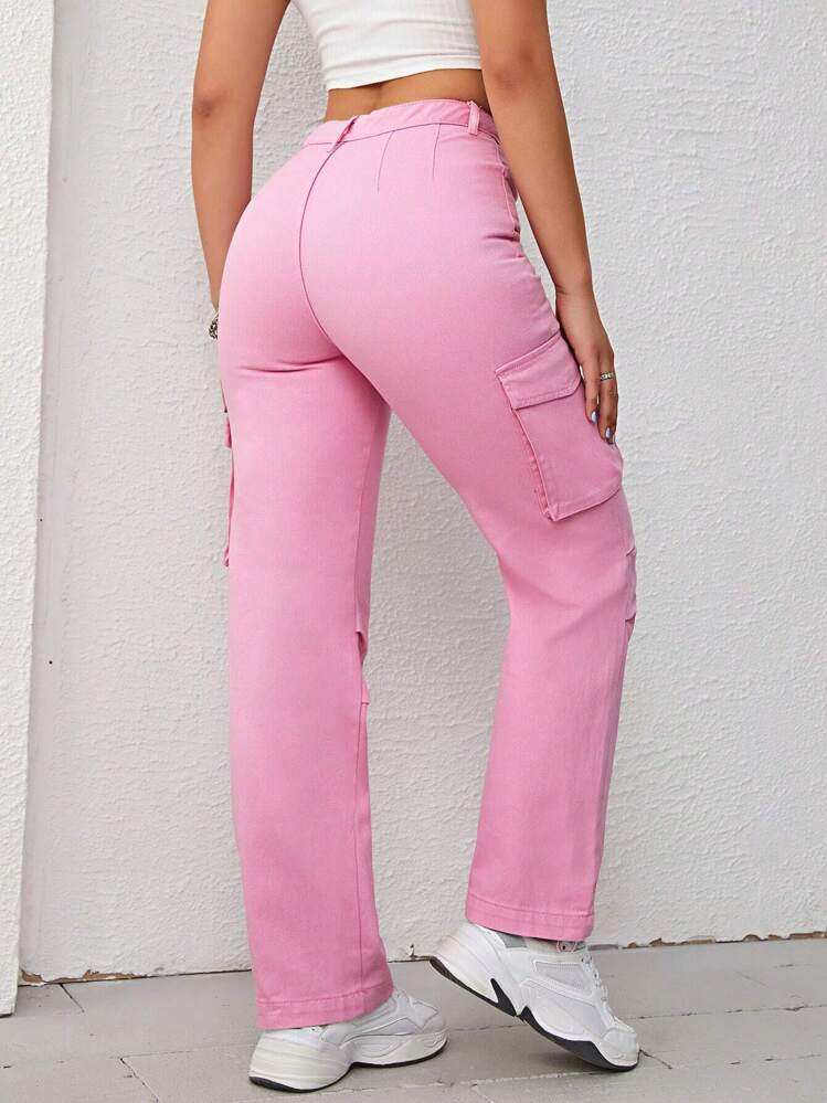 SHEIN Qutie Flap Pocket Side Cargo Jeans - Pink - View 2