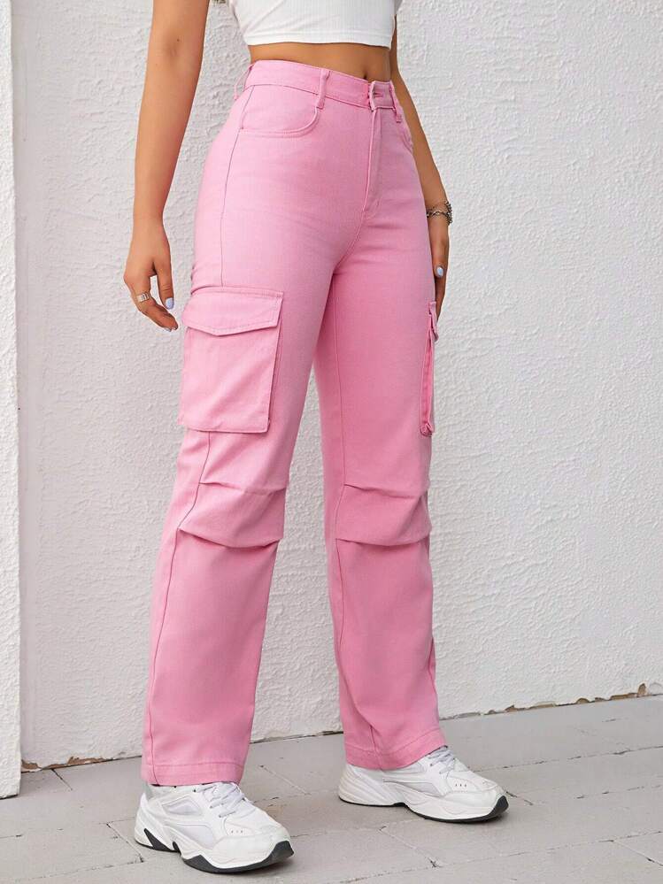 SHEIN Qutie Flap Pocket Side Cargo Jeans - Pink - View 5