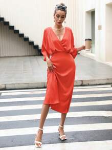 GENKIRA Surplice Neck Batwing Sleeve Dress - Red - View 1