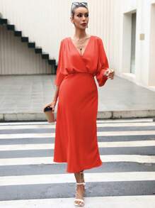 GENKIRA Surplice Neck Batwing Sleeve Dress - Red - View 3