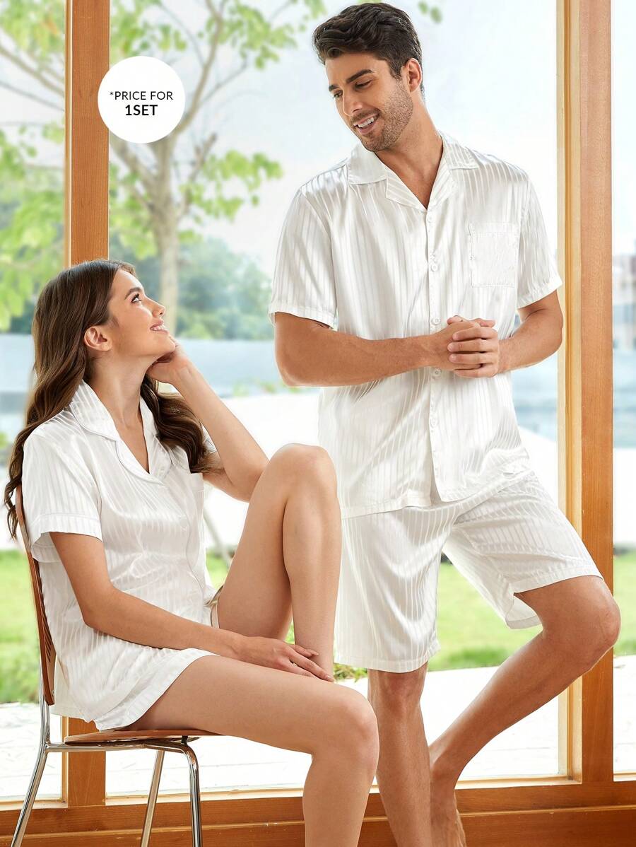 Men Striped Jacquard PJ Set / Pajama Set White Set - White - View 1