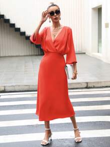 GENKIRA Surplice Neck Batwing Sleeve Dress - Red - View 4