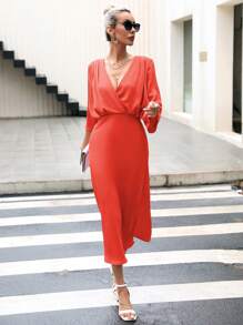 GENKIRA Surplice Neck Batwing Sleeve Dress - Red - View 5