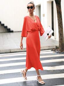 GENKIRA Surplice Neck Batwing Sleeve Dress - Red - View 6