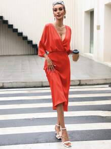 GENKIRA Surplice Neck Batwing Sleeve Dress - Red - View 7