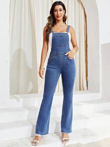 SHEIN Essnce Slant Pocket Flare Leg Denim Dungarees Without Tube Top - Medium Wash - View 5