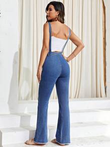 SHEIN Essnce Slant Pocket Flare Leg Denim Dungarees Without Tube Top - Medium Wash - View 2