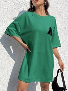 SHEIN EZwear 字母貼布落肩T恤洋裝 - 綠色 - 查看 3