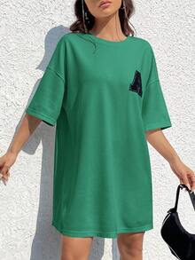 SHEIN EZwear 字母貼布落肩T恤洋裝 - 綠色 - 查看 5