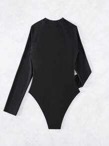 Swim SPRTY Summer Beach Contrast Binding Zipper Front One Piece Swimsuit - Black - View 3