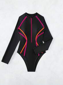 Swim SPRTY Summer Beach Contrast Binding Zipper Front One Piece Swimsuit - Black - View 4