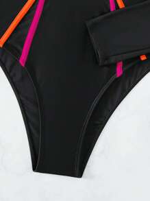 Swim SPRTY Summer Beach Contrast Binding Zipper Front One Piece Swimsuit - Black - View 5