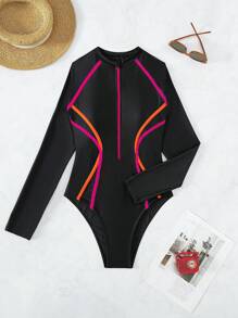 Swim SPRTY Summer Beach Contrast Binding Zipper Front One Piece Swimsuit - Black - View 7