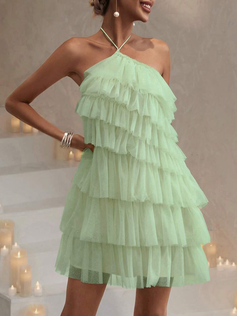 Tie Backless Layer Hem Mesh Halter Dress - Lime Green - View 1