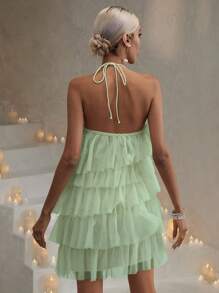Tie Backless Layer Hem Mesh Halter Dress - Lime Green - View 2