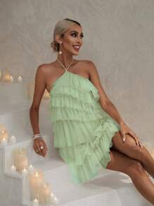Tie Backless Layer Hem Mesh Halter Dress - Lime Green - View 3