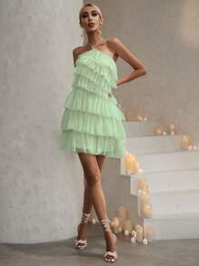Tie Backless Layer Hem Mesh Halter Dress - Lime Green - View 5