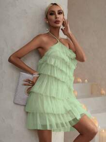 Tie Backless Layer Hem Mesh Halter Dress - Lime Green - View 6