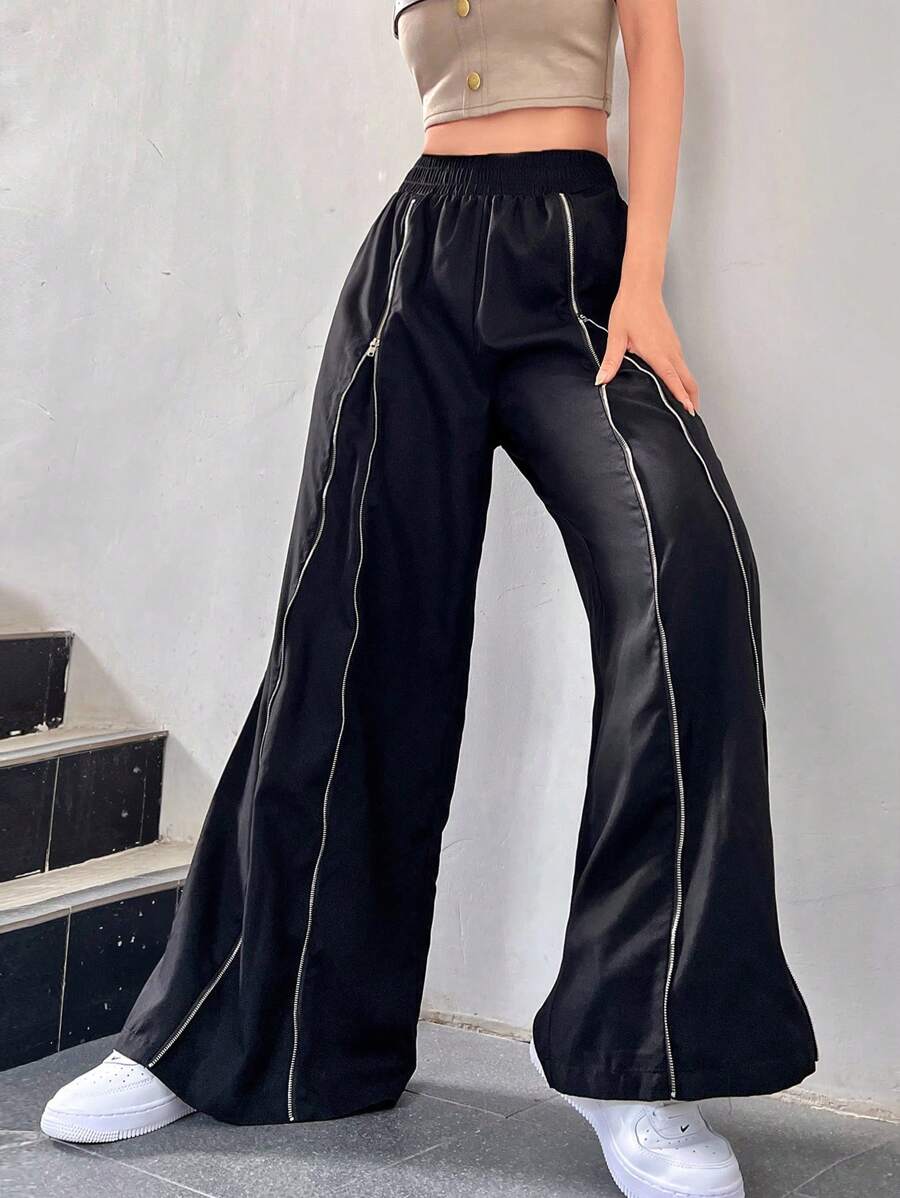 SHEIN Unity 拼接滾邊闊腿褲 - 黑色 - 查看 1